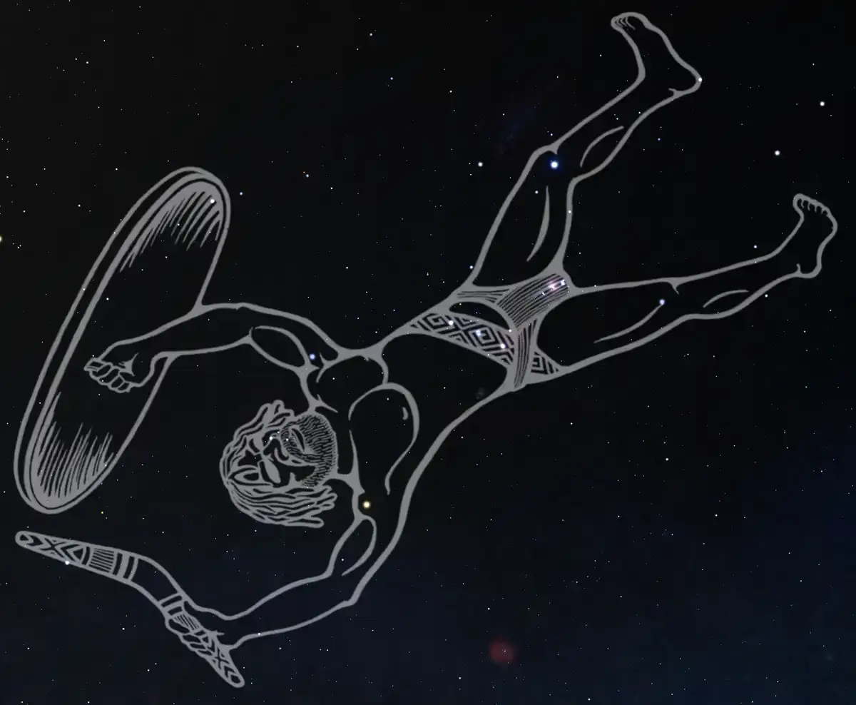 The stars of Orion also form a man, Baiame, In Wiradjuri traditions. Stellarium, Wiradjuri artist Scott 'Sauce' Towney