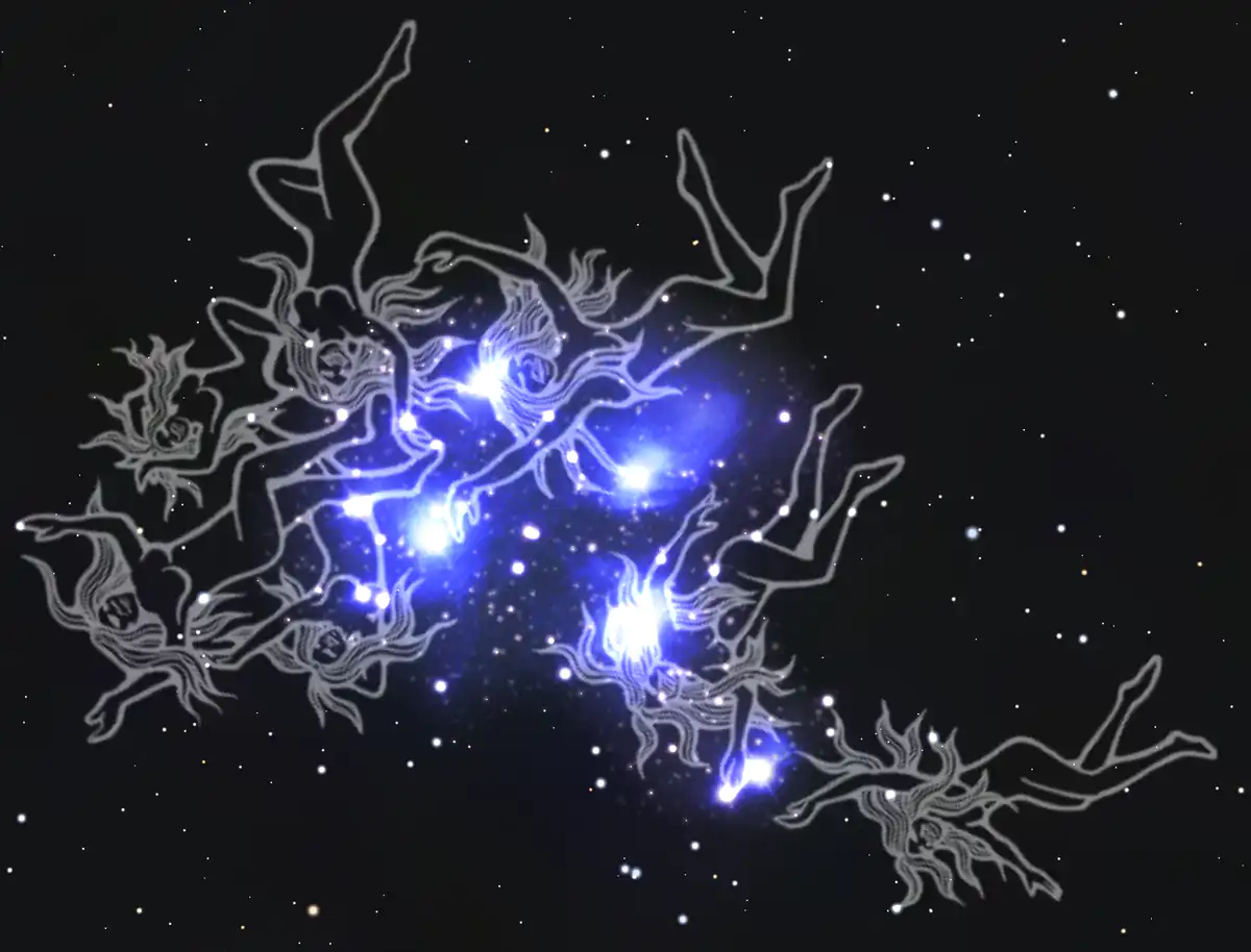 The Pleiades are seven sisters in Wiradjuri traditions, called Mulayndynang. Stellarium, Wiradjuri artist Scott 'Sauce' Towney